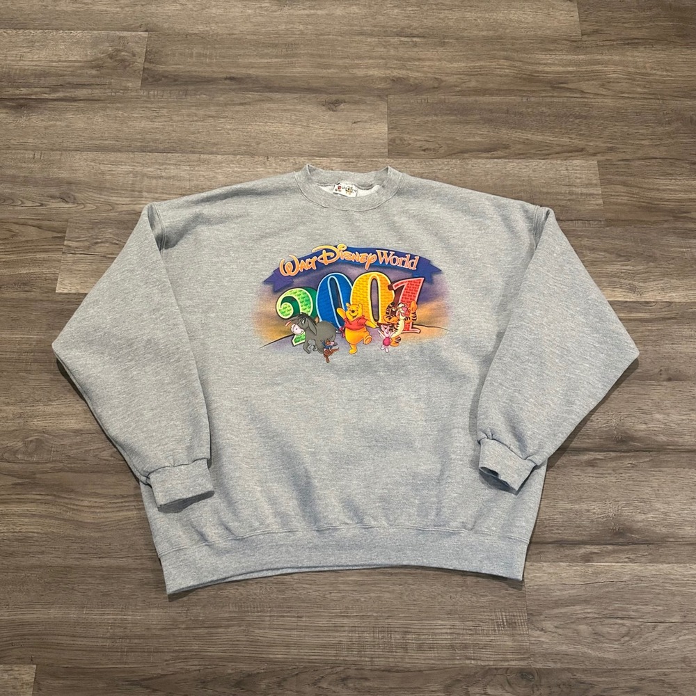 Vintage Walt Disney World 2001 Pooh Tigger Eeyore Sweatshirt Gray Made in USA XL